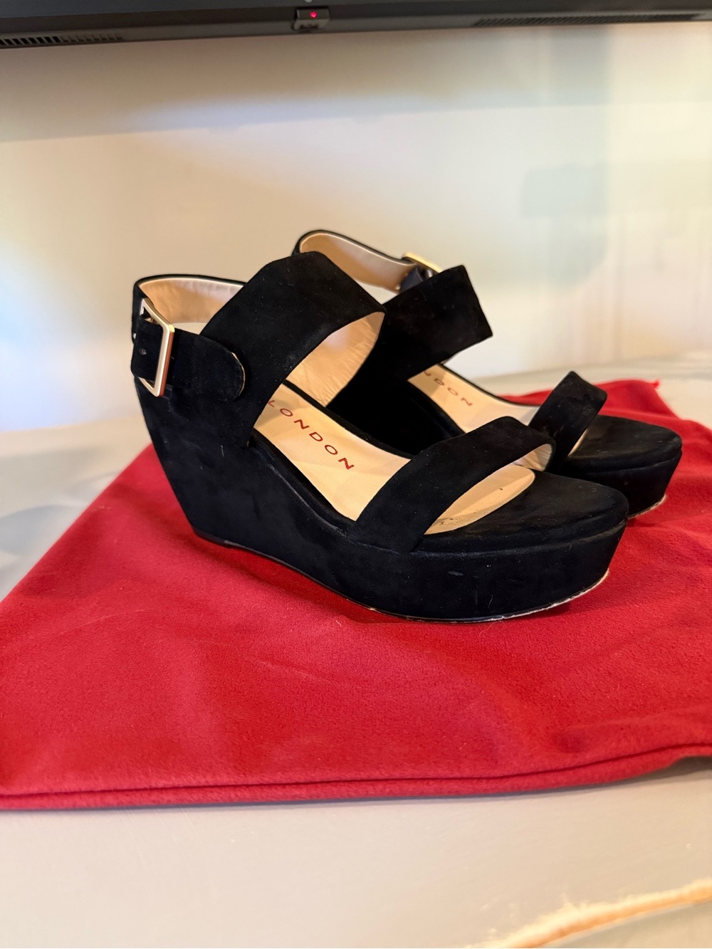Sacha London Black Suede Wedge Sandals